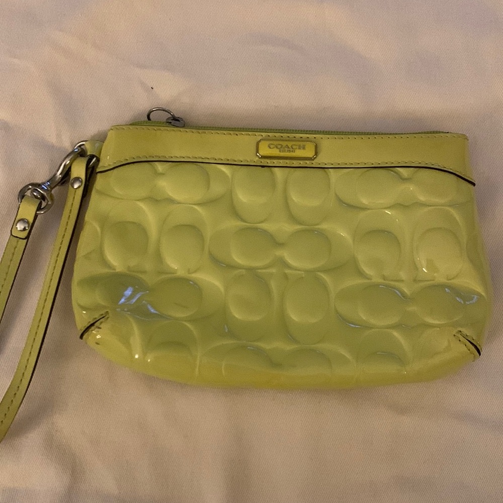 Yellow/green patent leather coach wristlet